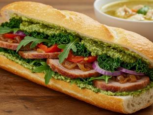 Slow Cooked Pork Sandwich with Mediterranean Salad