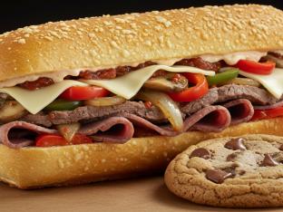 Beef Cheesesteak Sub on Parmesan Bread with a Chocolate Chip Cookie Beef Cheesesteak Sub on Parmesan Bread with a Chocolate Chip Cookie