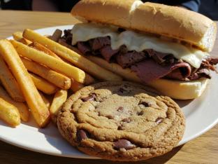 Gluten Free Italian Beef Sandwich with Fries and a Cookie