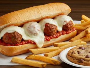 Meatball Sandwich with Fries and a Cookie