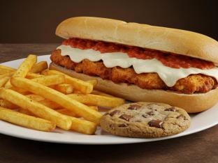 Gluten Free Chicken Parmigiana Sandwich with Fries and a Cookie