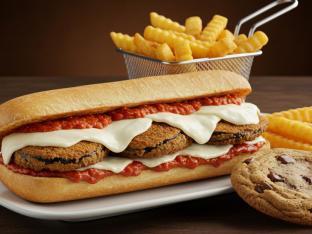 Gluten Free Eggplant Parmigiana Sandwich with Fries and a Cookie