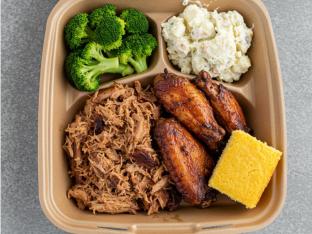 BBQ Pulled Chicken | Smoked Wings - Potato Salad | Broccoli - Cornbread