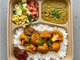 Gobi Rice Bowl | White Basmati Rice | Grilled Peppers & Onions - Corn Salad | Sweet - Medium Gobi Rice Bowl | White Basmati Rice | Grilled Peppers & Onions - Corn Salad | Sweet - Medium