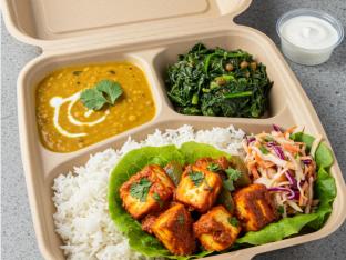 Palak Paneer Salad | White Basmati Rice | Spicy Cabbage Slaw - Fresh Spinach | Cool - Medium Palak Paneer Salad | White Basmati Rice | Spicy Cabbage Slaw - Fresh Spinach | Cool - Medium