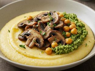 Vegan Pesto Polenta With Thyme Roasted Mushrooms, and Chickpeas Vegan Pesto Polenta With Thyme Roasted Mushrooms, and Chickpeas
