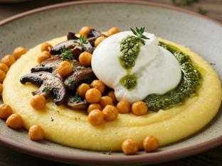 Pesto Polenta With Thyme Roasted Mushrooms, Chickpeas, & Burrata Pesto Polenta With Thyme Roasted Mushrooms, Chickpeas, & Burrata