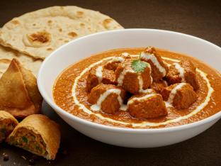 Lamb Tikka Masala with Plain Naan and Vegan Samosa Lamb Tikka Masala with Plain Naan and Vegan Samosa