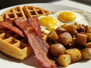 VEGAN Waffles, Eggs, and Bacon VEGAN Waffles, Eggs, and Bacon