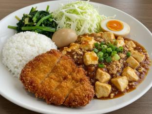 Chicken Cutlet, Mapo Tofu with Pork, Cabbages, Soy Egg, Seasonal Greens Chicken Cutlet, Mapo Tofu with Pork, Cabbages, Soy Egg, Seasonal Greens