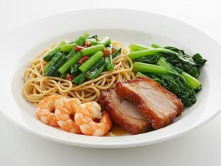 Hot - Shanghai Styled Scallion Noodles, Braised Pork Chop, Crystal Shrimp,Greens Hot - Shanghai Styled Scallion Noodles, Braised Pork Chop, Crystal Shrimp,Greens