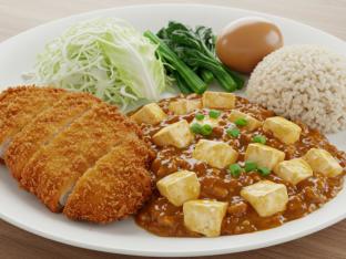 Chicken Cutlet, Mapo Tofu with Pork, Cabbages, Soy Egg, Greens, Brown Rice Chicken Cutlet, Mapo Tofu with Pork, Cabbages, Soy Egg, Greens, Brown Rice