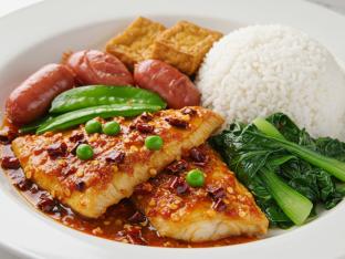 Spicy Mala Fish Fillets, Sausage with Sugar Peas, Salt & Pepper Tofu, Greens Spicy Mala Fish Fillets, Sausage with Sugar Peas, Salt & Pepper Tofu, Greens