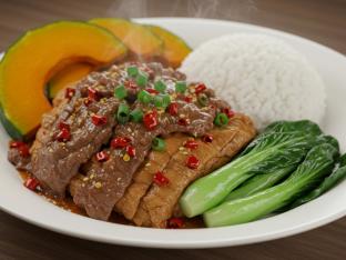 Spicy Steamed Beef w/ Rice Powder, Chestnut Chicken, Salty Egg Pumpkin, Greens Spicy Steamed Beef w/ Rice Powder, Chestnut Chicken, Salty Egg Pumpkin, Greens