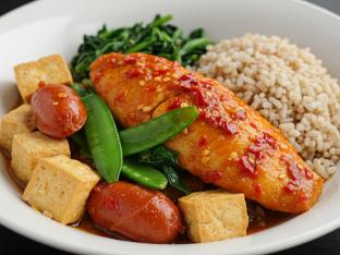 Spicy Mala Fish Fillet, Sausage, Sugar Peas, Salt & Pepper Tofu, Greens Spicy Mala Fish Fillet, Sausage, Sugar Peas, Salt & Pepper Tofu, Greens