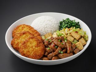 Fried Chicken Cutlet, Spicy Beef Tendons, Cabbages with Smoked Tofu, Greens Fried Chicken Cutlet, Spicy Beef Tendons, Cabbages with Smoked Tofu, Greens