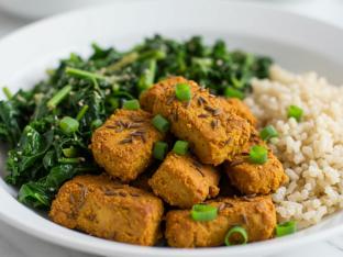 Cumin Mock Chicken, Seasonal Greens, Brown Rice Cumin Mock Chicken, Seasonal Greens, Brown Rice