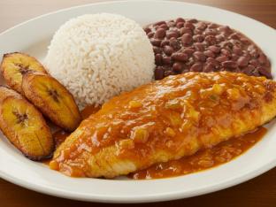 Escovitch Fish Fillet Tilapia, Rice & Beans, and Fried Plantains Escovitch Fish Fillet Tilapia, Rice & Beans, and Fried Plantains