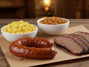 Combo Meal: Louisiana Hot Link, Beef Brisket, Mac Cheese & Vegan Baked Beans Combo Meal: Louisiana Hot Link, Beef Brisket, Mac Cheese & Vegan Baked Beans