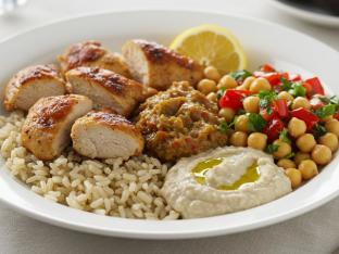 [NO GARLIC] Brown Rice Chicken Bowl with Chickpea Salad & Eggplant Spread