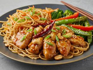 Kung Pao Chicken with Garlic Noodles and Asian Roasted Veggies Kung Pao Chicken with Garlic Noodles and Asian Roasted Veggies