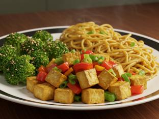 Tofu Stir-Fry with Garlic Noodles and Sesame Broccoli Tofu Stir-Fry with Garlic Noodles and Sesame Broccoli