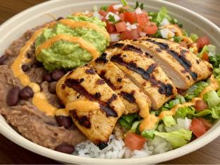 Chicken Torta Bowl with Refried Beans with Guacamole