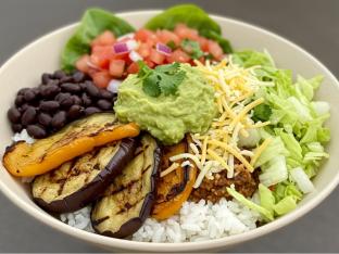 Vegetable Torta Bowl with Black Beans, Guacamole and Cheese