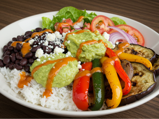 Vegetable Torta Bowl with Black Beans, Guacamole and Oaxaca Cheese