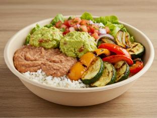 Vegetable Torta Bowl with Refried Beans and Guacamole