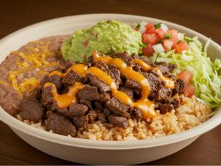 Carne Asada Bowl with Refried Beans and Guacamole
