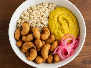 Sauteed Soy Curls with Brown Rice, Yellow Lentil Dahl and Pickled Onion Sauteed Soy Curls with Brown Rice, Yellow Lentil Dahl and Pickled Onion