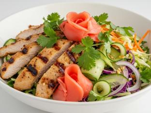 AF Grilled Chicken, Salad, Cucumber, Onion, Cabbage, Cilantro, Pickled Ginger AF Grilled Chicken, Salad, Cucumber, Onion, Cabbage, Cilantro, Pickled Ginger