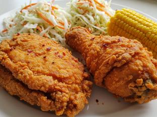 Spicy Fried Chicken with Coleslaw and Corn