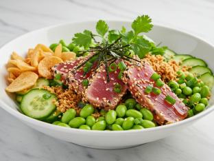 Ahi Tuna, Salad, Cucumber, Edamame, Cilantro, Green Onion, Sesame Seeds, Nori, & Garlic Crisps