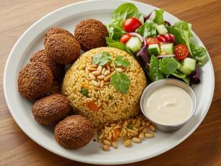 Falafel with Rice Pilaf and House Salad (Vegan, Allergen-Free) Falafel with Rice Pilaf and House Salad (Vegan, Allergen-Free)