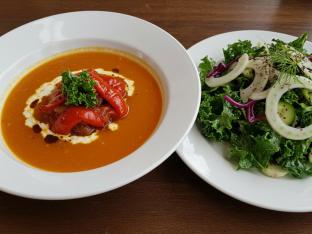 Vegan Tomato and Roasted Red Bell Pepper Soup (No Cheese) & Garden Side Salad Vegan Tomato and Roasted Red Bell Pepper Soup (No Cheese) & Garden Side Salad
