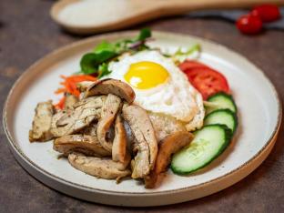 Grilled Pork, Chicken, and Fried Egg Rice Plate Grilled Pork, Chicken, and Fried Egg Rice Plate