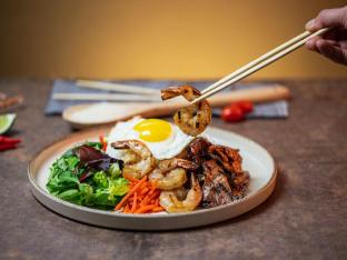 Grilled Pork, Shrimp, and Fried Egg Rice Plate Grilled Pork, Shrimp, and Fried Egg Rice Plate