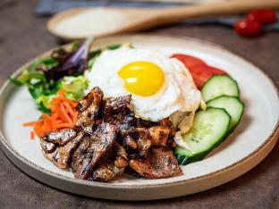 Grilled Pork and Fried Egg Rice Plate Grilled Pork and Fried Egg Rice Plate