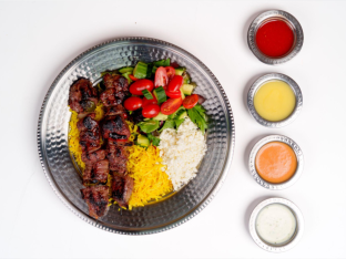Grilled Beef Kebab, Rice & Side Salad Grilled Beef Kebab, Rice & Side Salad