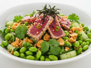 Regular Ahi Tuna over Salad with Cucumber, Edamame, Cilantro, Green Onion, Sesame Seeds, Shredded Nori, and Garlic Crisps Regular Ahi Tuna over Salad with Cucumber, Edamame, Cilantro, Green Onion, Sesame Seeds, Shredded Nori, and Garlic Crisps