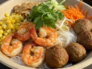 Garlic Shrimp with Pork and Chicken Meatballs, Nuoc Mum, Cold Vermicelli Noodles, Vegetable]