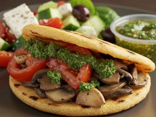 Mushroom Arepa Boxed Meal with Greek Salad Mushroom Arepa Boxed Meal with Greek Salad