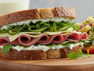 Roast Beef and Havarti Sandwich on Rye with pasta salad Roast Beef and Havarti Sandwich on Rye with pasta salad