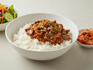 Korean Bulgogi Beef Bowl with Asian Salad and Korean Kimchi Korean Bulgogi Beef Bowl with Asian Salad and Korean Kimchi
