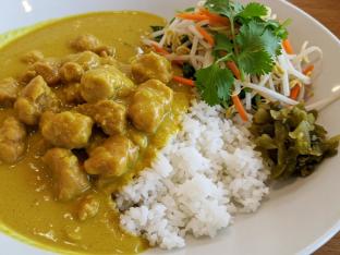 Thai Coconut Curry Seitan Bowl with Asian Salad and Japanese Kyurizuke Pickles Thai Coconut Curry Seitan Bowl with Asian Salad and Japanese Kyurizuke Pickles