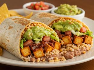 Vegan Adobo Tofu Burrito with Side of Tortilla Chips, Salsa & Guacamole]