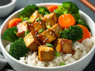 Tofu Teriyaki White Rice, Broccoli & Carrots