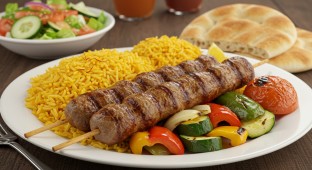 Pork Kabob with Rice Pilaf and Grilled Veggies